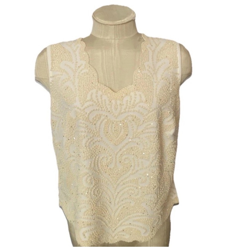 MSK Stretch Top 38” Bust Scalloped Hem Amazing Beadwork!! Estim. M-L